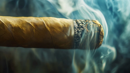 Close-up of smoke drifting out from a freshly lit cigar, with a focus on the fine details and gradual dispersionの素材