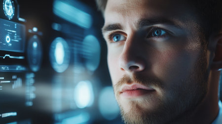 Close-up of a young businessman with a clear, confident expression, discussing strategy in a high-tech conference roomの素材