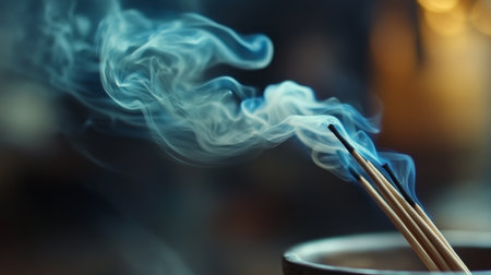 Close-up of smoke from incense sticks, swirling gracefully in the air, with soft lighting emphasizing the delicate movementの素材