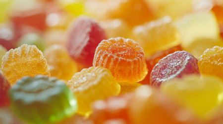 Detailed close-up of assorted gummy candies, focusing on their textures and vibrant colors against a soft backgroundの素材