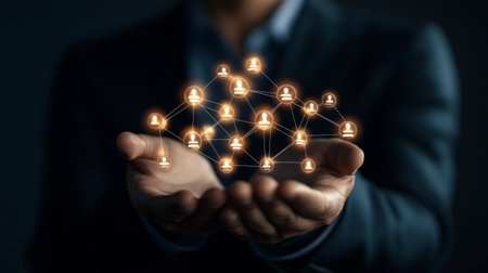 CRM. Customer network relationship management concept, Businessman hold of global structure customer network technology, Data exchanges development. customer service, Banking, Business strategy.の素材