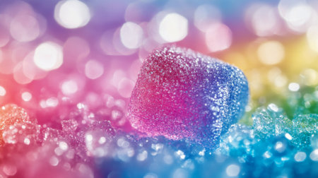Detailed close-up of a single candy coated with sparkling sugar crystals, with a focus on its vivid color and textureの素材