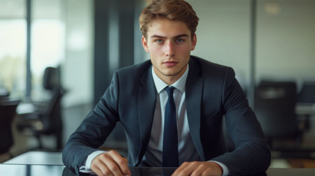Detailed portrait of a young professional with a clear, determined look, in business attire and seated at a sleek office deskの素材