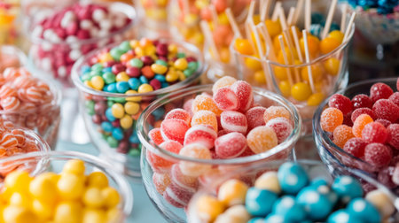 Detailed shot of a candy buffet with various types of colorful sweets, highlighting their textures and vibrant colorsの素材