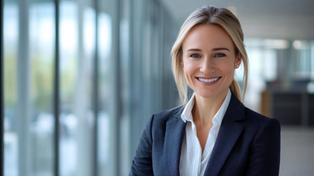 Confident businesswoman smiling directly at the camera, dressed in a tailored suit, with a modern office backdropの素材