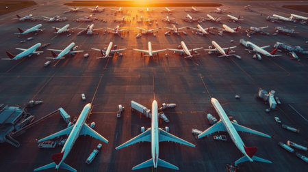 Commercial airplane parking at the airport are stopped effect by covid-19 pandemic around the world economic down crisis, Airplanes are parking at maintenance area because of COVID-19 travel alertの素材