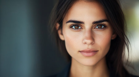 Close-up portrait of a successful businesswoman with a professional expression, showcasing her determination and leadershipの素材