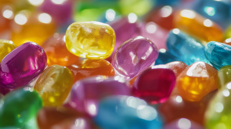 Close-up of a handful of assorted brightly colored candy pieces, focusing on their vivid hues and shiny surfacesの素材