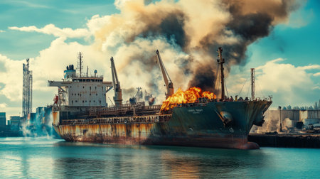 Large general cargo ship for logistic import export goods and other the explosion and had a lot of fire and smoke while moored at harbor in afternoonの素材