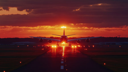 plane lands on the runway on a background of a magnificent sunsetの素材