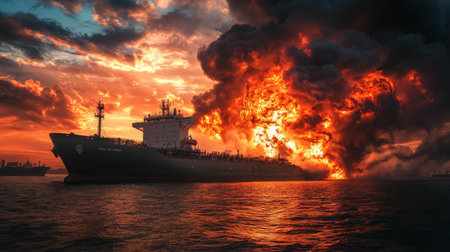 Large general cargo ship for logistic import export goods and other the explosion and had a lot of fire and smoke at sea in eveningの素材