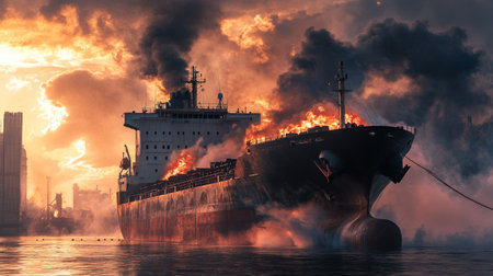 Large general cargo ship for logistic import export goods and other the explosion and had a lot of fire and smoke while moored at harbor in afternoonの素材