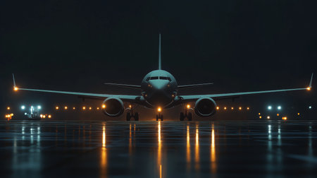 passenger plane on the platform at night, lights, front viewの素材