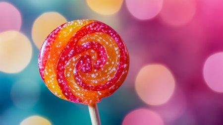 Macro shot of a single, shiny lollipop with intricate details, highlighting its swirling patterns and vivid colorsの素材