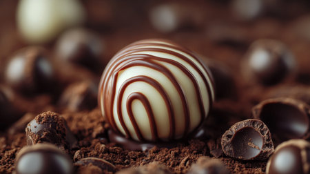 Macro view of a single, intricately designed chocolate truffle, with a glossy exterior and fine detailsの素材