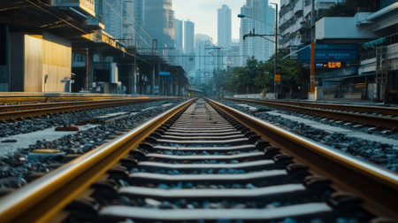 perspective of railway track forward to building in cityの素材