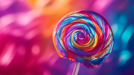 Macro shot of a single, shiny lollipop with intricate details, highlighting its swirling patterns and vivid colorsの素材