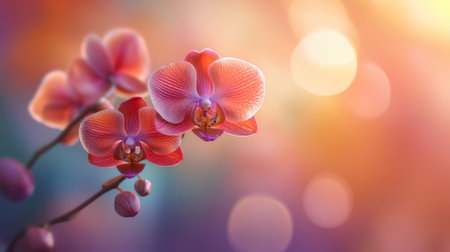 Macro image of a blooming orchid with detailed textures and vivid colors, set against a softly blurred backgroundの素材