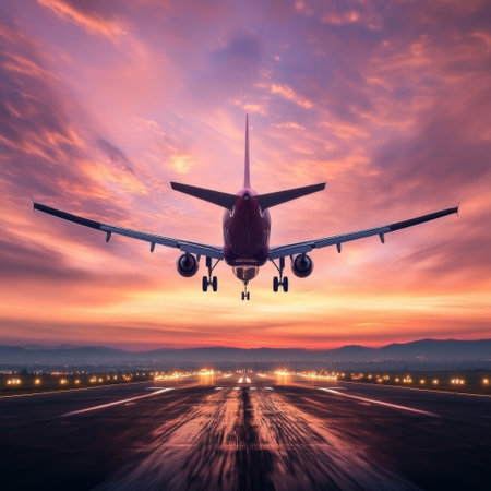 passenger plane take off from runways against beautiful dusky sky with copy space use for air transport ,journey and traveling industry businessの素材