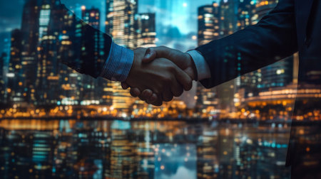 multi exposure investor business man shaking hand with partner for successful meeting with night city background, digital technology, investment, negotiation, handshake, partnership, teamwork conceptの素材