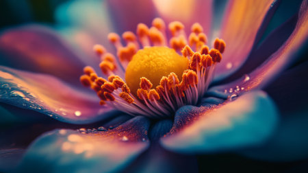 Macro shot of delicate petals and stamens of a blooming flower, highlighting the fine textures and vivid huesの素材
