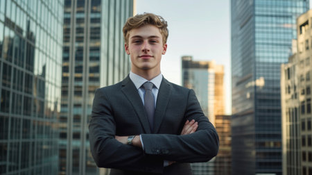 Portrait of a young businessman with a clear, professional look, standing in front of a cityscape with a confident poseの素材