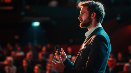 Male Asking a Question to a Speaker During a Q and A Session at an International Tech Conference in a Dark Crowded Auditorium. Young Specialist Expressing an Opinion During a Global Business Summit.の素材
