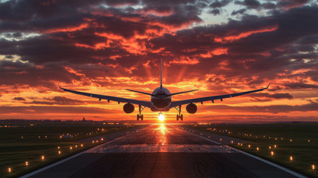 plane lands on the runway on a background of a magnificent sunsetの素材