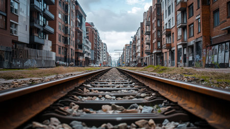 perspective of railway track forward to building in cityの素材