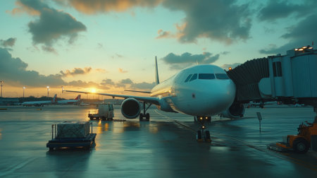 Preparation for next flight of airplane in airport. Fueling and loading cargo on the plane in airport terminalの素材