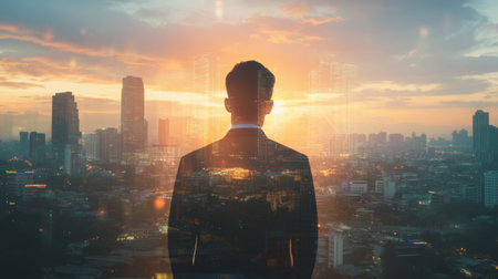 The double exposure image of the businessman standing back during sunrise overlay with cityscape image. The concept of modern life, business, city life and internet of things.の素材