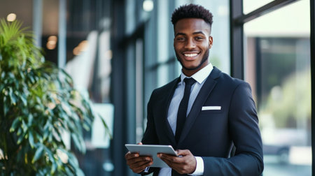 Professional young businessman with a clear, approachable smile, holding a tablet and dressed in business attire in an office settingの素材