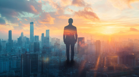 The double exposure image of the business man standing back during sunrise overlay with cityscape image. The concept of modern life, business, city life and internet of thingsの素材