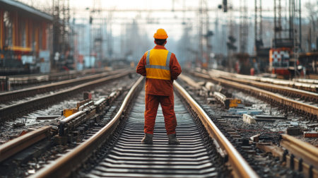railway worker or engineer who maintains a railway track inspects the switchgear construction process and inspects work at the railway station.の素材