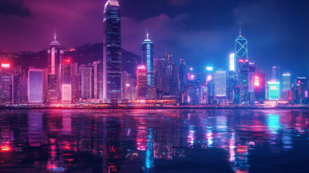 Smart network and Connection technology concept, Hong Kong digital city background at night in victoria harbour, Cyberpunk color style, Panorama viewの素材