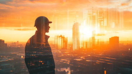 The double exposure image of the engineer standing back during sunrise overlay with cityscape image. The concept of engineering, construction, city life and future.の素材