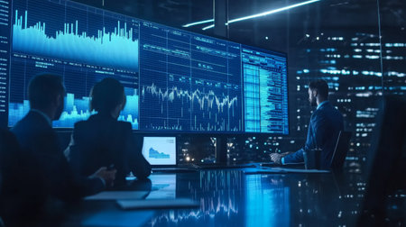 Team of financial analysts discussing stock market graphs on a large screen in a conference room, with data projectionsの素材