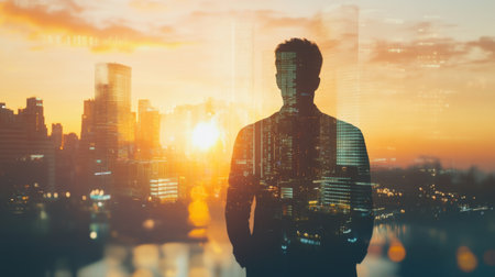 The double exposure image of the business man standing back during sunrise overlay with cityscape image. The concept of modern life, business, city life and internet of thingsの素材