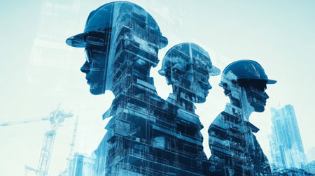 team engineer building construction project with architect people or construction worker working with modern civil equipment technology, double exposure graphic design. Building engineer,の素材