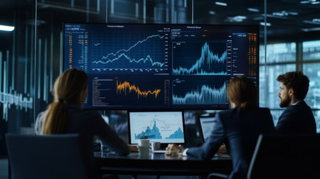 Team of financial analysts discussing stock market graphs on a large screen in a conference room, with data projectionsの素材