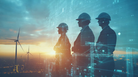 Team of Engineer people working in wind turbine and industrial with double exposure. Concept engineers.の素材