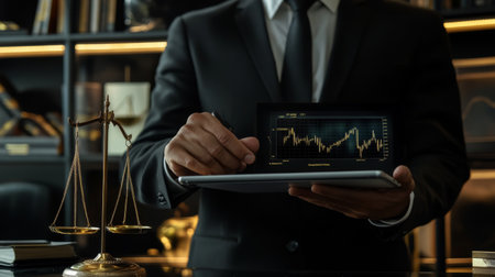 Using tablet pc, Consultant between bookkeepers and accounting lawyer consultation about asset, balance sheet, stock market statistics and yearly tax law, protect business from bribery.の素材