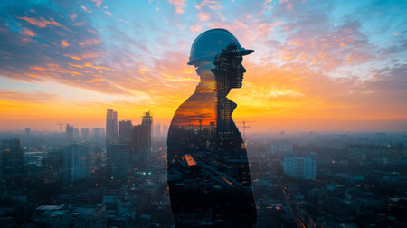 The double exposure image of the engineer standing back during sunrise overlay with cityscape image. The concept of engineering, construction, city life and future.の素材