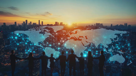 Teamwork of business people around the world through smart innovation technology networks, economic development, business deal, marketing planning and success from business partnership agreements.の素材