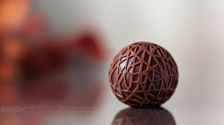 Macro view of a single, intricately designed chocolate truffle, with a glossy exterior and fine detailsの素材