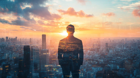 The double exposure image of the businessman standing back during sunrise overlay with cityscape image. The concept of modern life, business, city life and internet of things.の素材