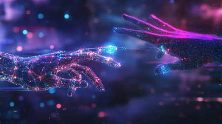 Metaverse technology, Hand of robot and human connected on network metaverse, Technological transition between human and robots, Virtual reality, Visualization simulation, AI, AR, VR, of futuristic.の素材