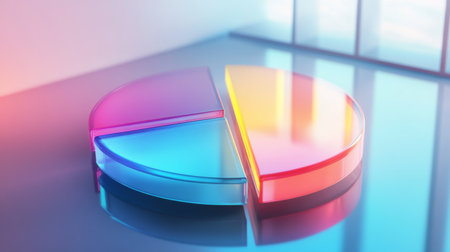 3D pie chart with translucent glass segments, glowing edges, and soft shadows on a reflective surfaceの素材