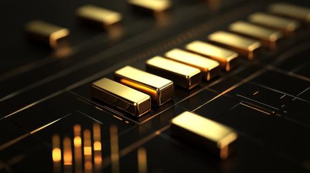 3D bar graph with gold bars, representing financial success, dark luxury backgroundの素材