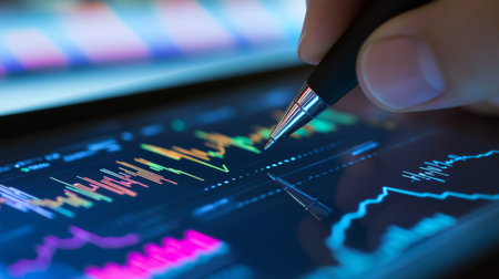A close-up of a hand drawing a financial graph with a pen on a tablet, with a background of financial reports and chartsの素材